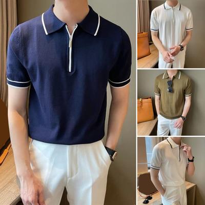 Men Summer Shirt Thin Knitted Short Sleeve Zippered Lapel Top Stretchy Hem Striped Solid Color Loose Shirt for Commuting Travel Outdoor