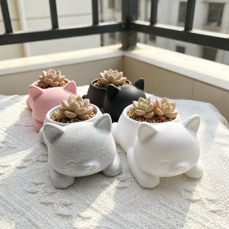 3D Printed Cat Flower Pot Cute Ornaments Mini Plant Pot Multi-Functional Decoration Animal Shaped Desktop Planter Kitchen Use