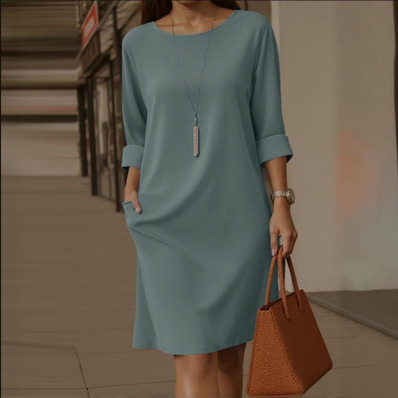 Elegant European & American Style Round Neck Dress with Pockets