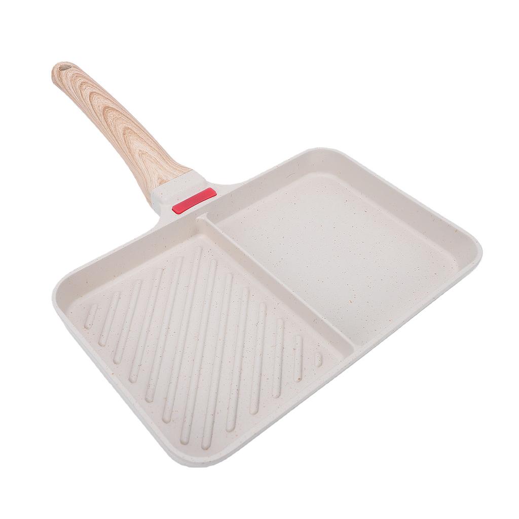 Poêle à Griller Divisée Alliage d'Aluminium Poêle à Griller Antiadhésive 2 Sections Poêle Polyvalente pour Petit-Déjeuner avec Manche en Bois