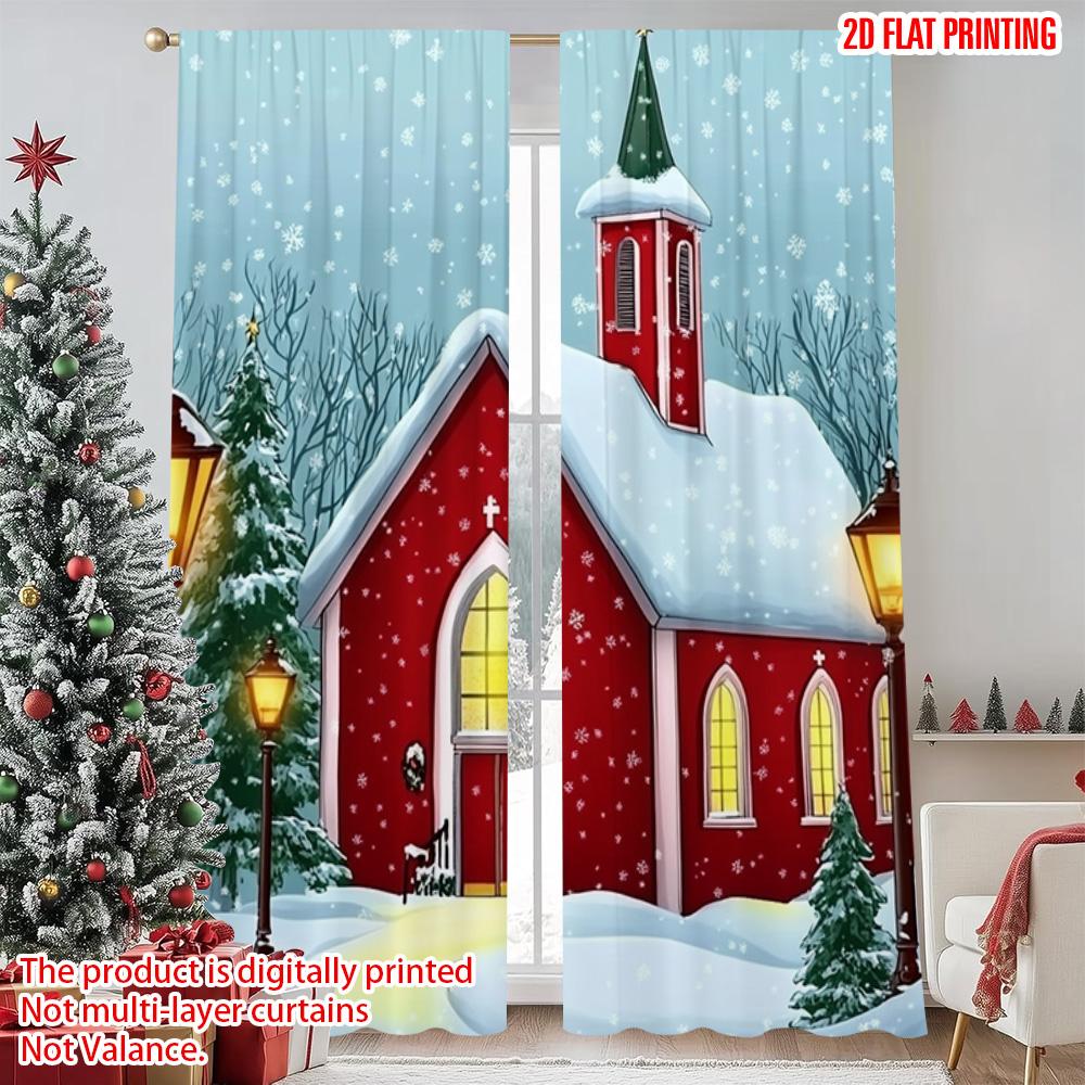 2pcs 2D flat printing Merry Christmas Popular Party Window Curtains Festive Red Church with Snow Scenery Versatile Polyester