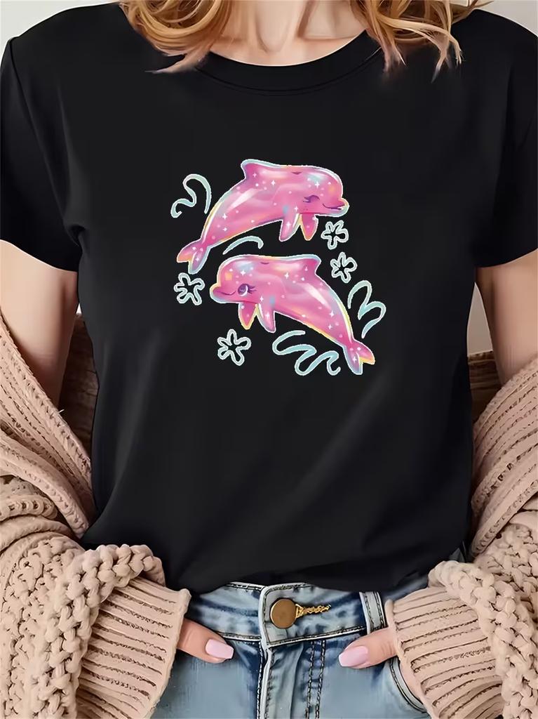 Unisexs Cute Pink Dolphin Graphic Tshirt Ocean Animal Print Casual Crewneck Short Sleeve For Daily Wear Vacation