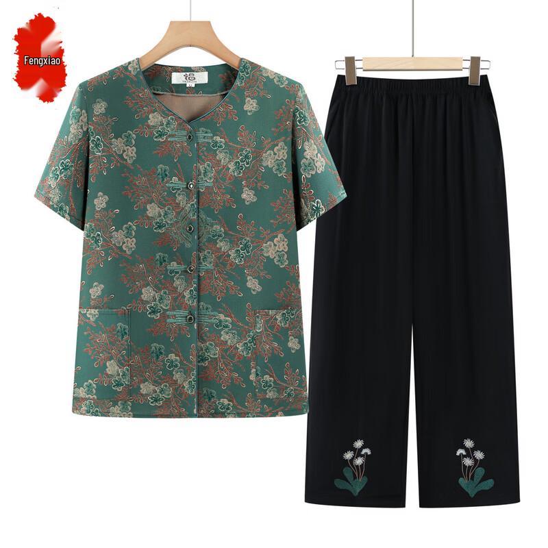 Elderly Women s Summer Floral Print T-Shirt Set 2XL