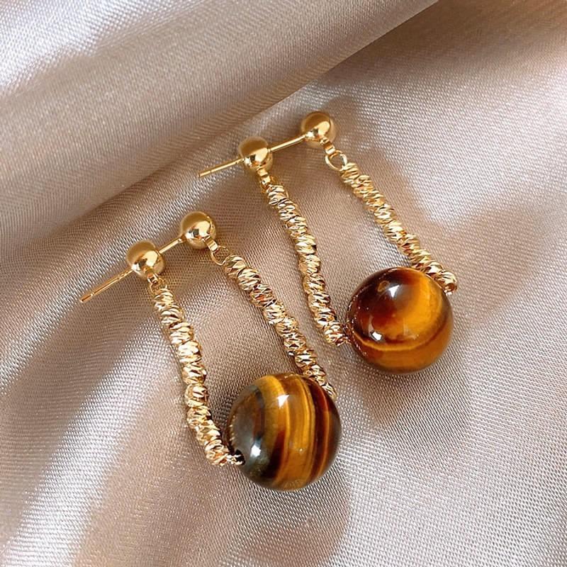 Silver Needle Explosive Tiger's Eye Stone Pendant Earrings Maillard Retro Temperament Versatile Earrings Light Luxury Premium Earrings Women