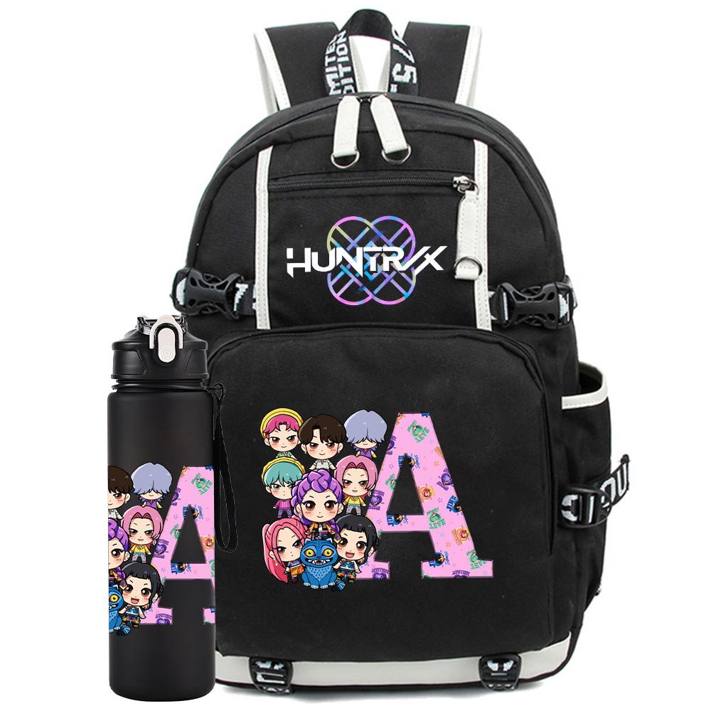 2 Stück/Set 26 Englische Buchstaben K-Pop Aufdruck Rucksack mit 750ml Wasserflasche für Teenager Schüler Mädchen Junge Schultasche Kinder Geschenk Große Kapazität Reisetasche