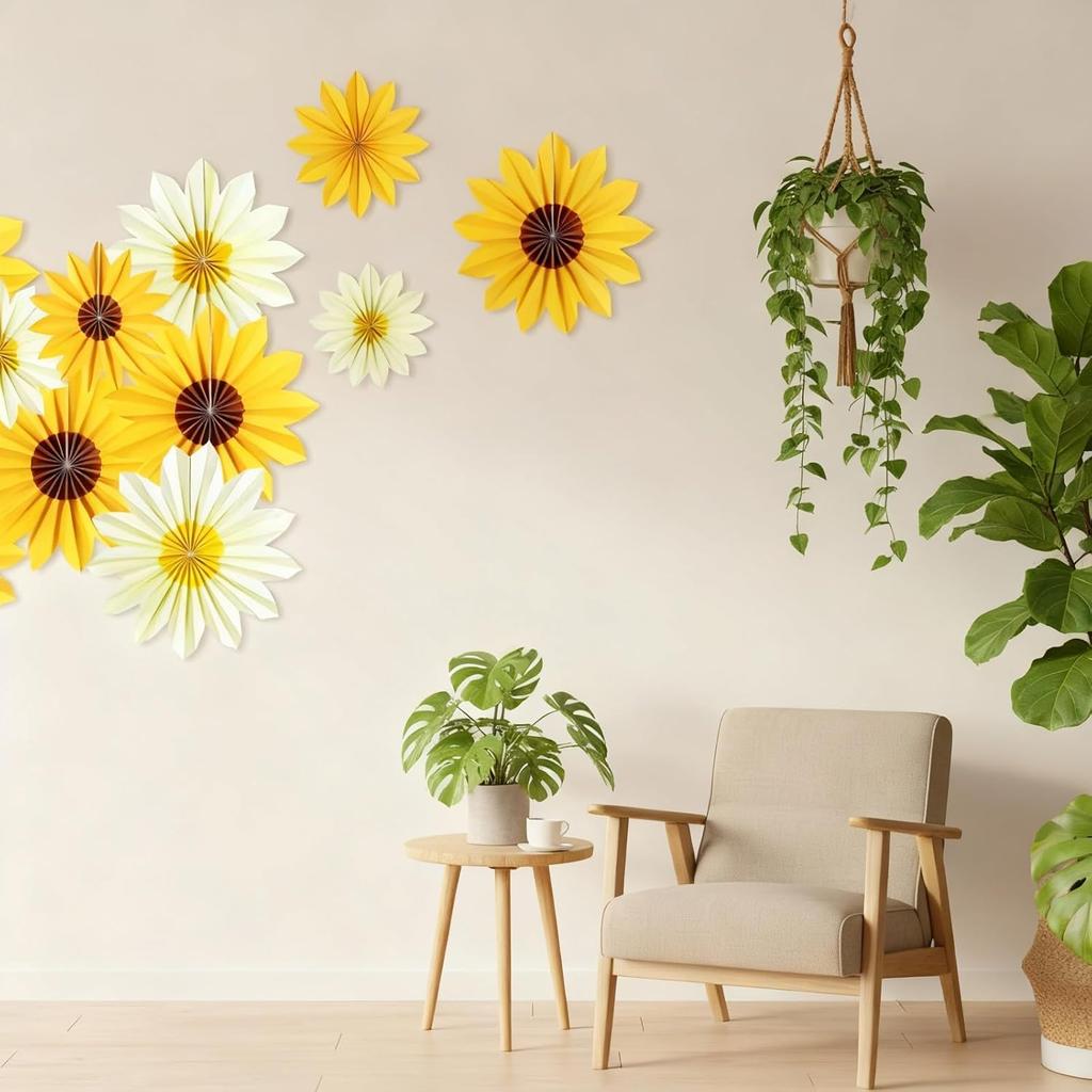 9 Pcs Paper Flowers,Paper Fans Party Decorations Sunflower Daisy Floral Backdrop Flower Party Decorations for Wedding, Home, Garden Decoration(Yellow