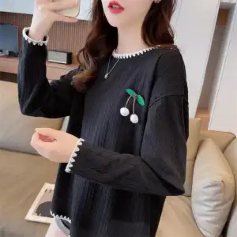 Lace Collar Foreign Style Top Korean Style Loose Round Neck Long Sleeve T-shirt for Women