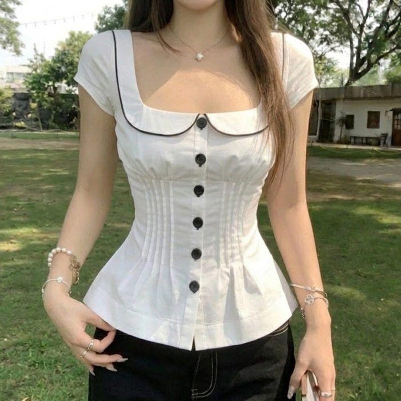 

American-Style College-Style Doll Collar Youthful Waist-Cinching Pure Desire Shirt, Simple Everyday Casual Versatile Spicy Girl Top White S