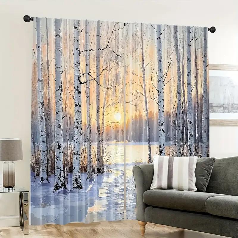 2pcs Artistic Winter Birch Forest Printed Curtains, Designed for Light Filtering, Quality Material, Ideal for Seasonal Home Wind
