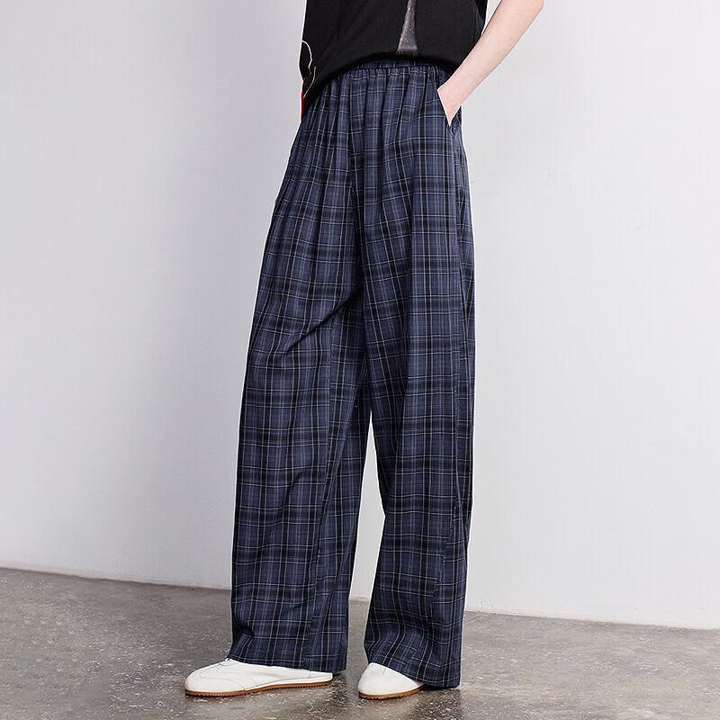 Chuyu Women's Cotton Loose Plaid Wide-leg Pants
