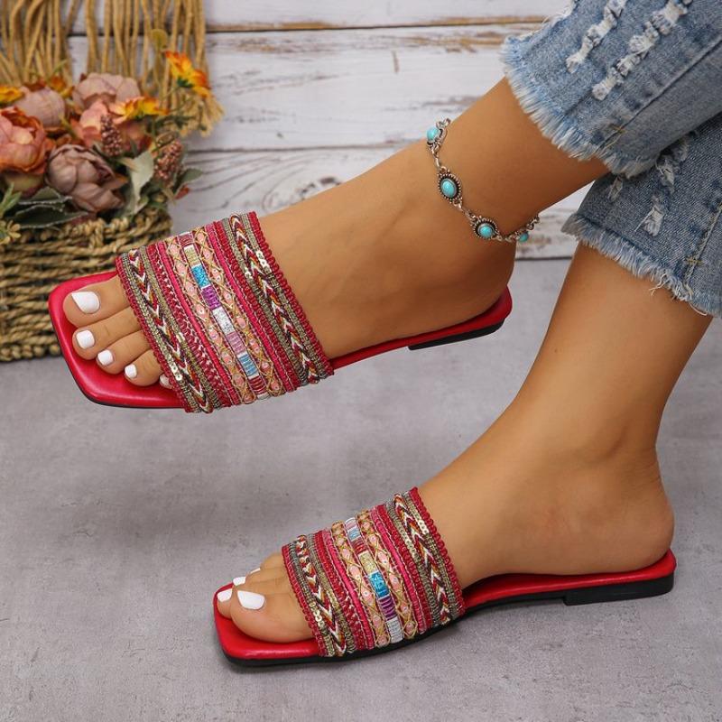 

Summer Ethnic Style Embroidered Slippers Square Toe Women s Flat Casual Fashion New Outdoor Versatile Women s Sandals 42 красный
