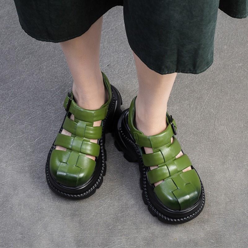 Johnature Round Toe Woven Breathable Hollow-out Thick Soled Sandals Casual Versatile Women's Platform Shoes