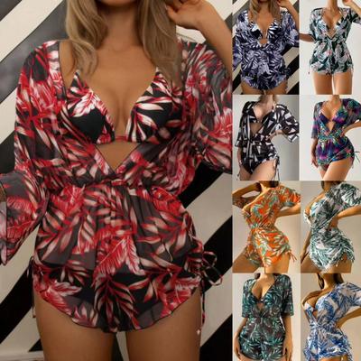 New Three-piece Bikini Leaf Print Waist Strap Fashion Long-sleeved Beach Sun-proof Swimsuit
