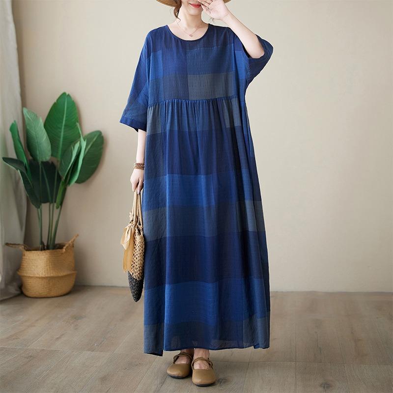 Real Shot Summer New Cotton and Linen Literary Loose Round Neck Short Sleeve Bohemian Medium and Long Dress Women