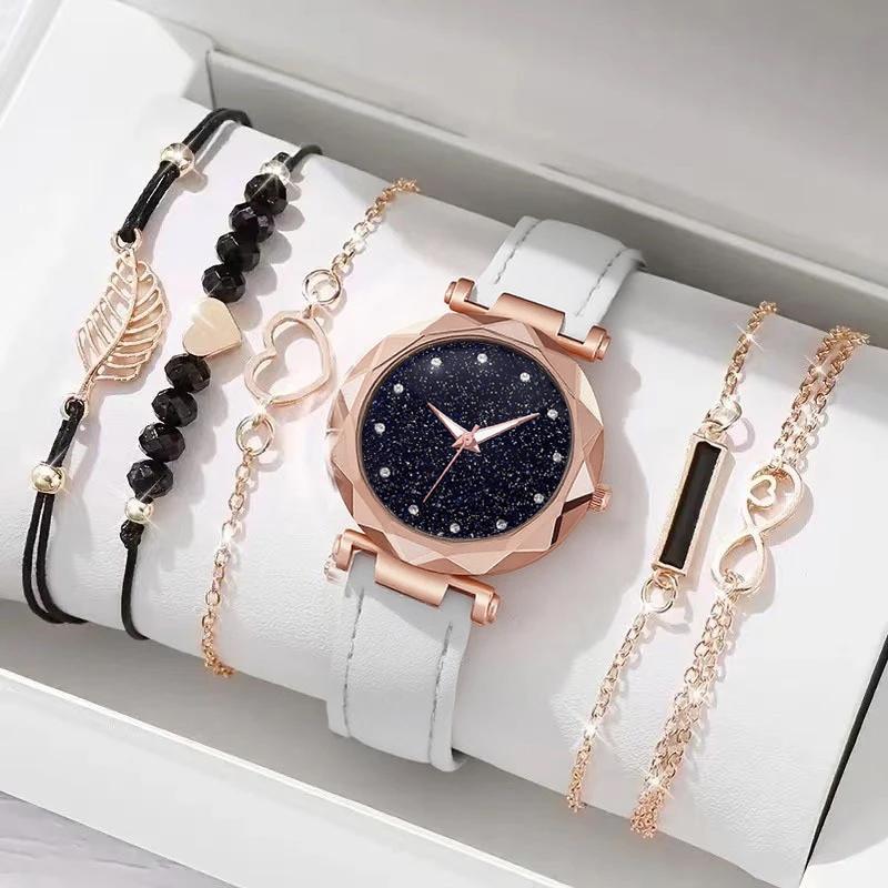 Fashionable Simple Trendy Round Dial Leather Strap Women's Quartz Watch Bracelet Set for Christmas and Thanksgiving Gifts