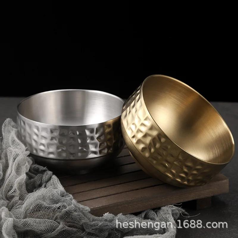 Golden dessert 304 stainless steel bowl, hammer pattern household double insulation children's soup bowl.