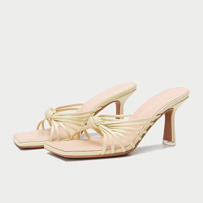 New Design Knot Pleated Leather Women Slippers Low Thin Heels Gladiator Sandals Fashion Square Open Toe Party Dress Shoes