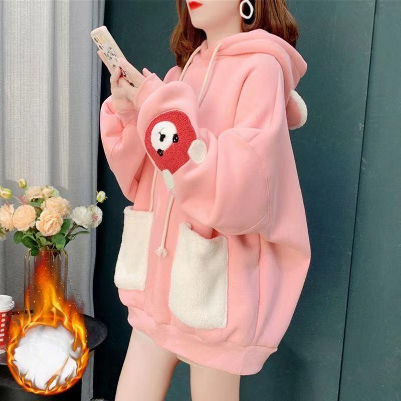 Design Sense Korean Version of Hooded Bear Plus Velvet Sweatshirt for Women In Autumn and Winter New Loose Lazy Style Age-reducing Jacket