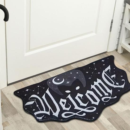 Halloween Welcome Doormat Half Circle Spider-Web Bat Skull Pumpkin Shape Floor Mat Non-Slip Entrance Mat for Front Door Porch Home Decoration