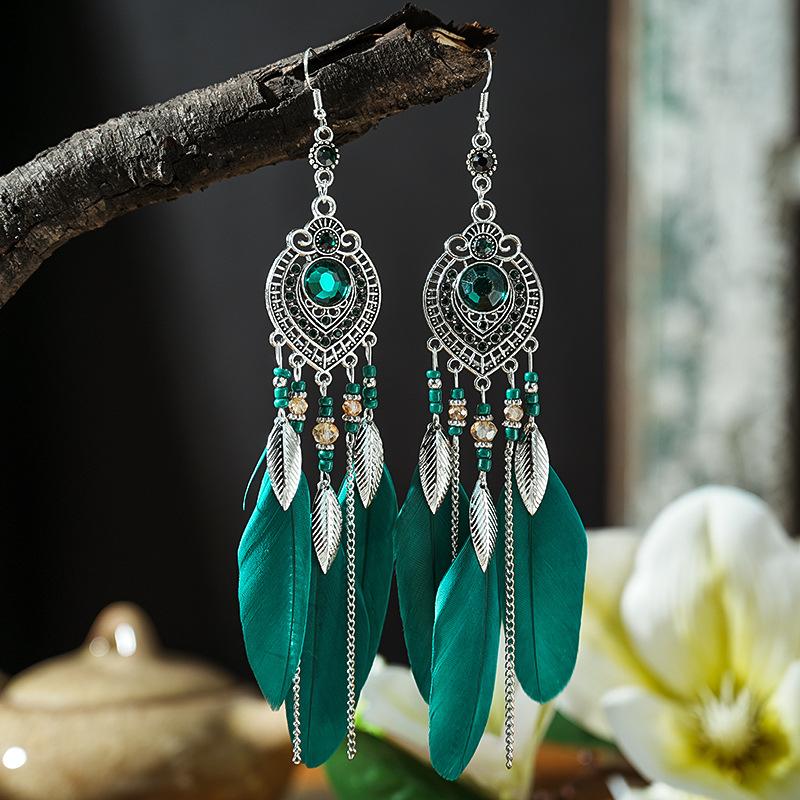 Boho Feather Long Leaf Tassel Drop Earrings For Women Geometric Rhinestone Crystal Beads Handmade Chain Wedding Earrings Jewelry