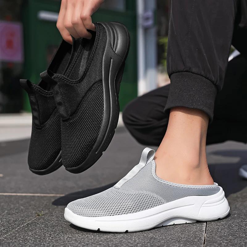 Mens Half Slippers Summer Breathable Mesh Mens Shoes Outdoor Casual Walking Shoes Large Flat Light Mesh Slippers Sandals