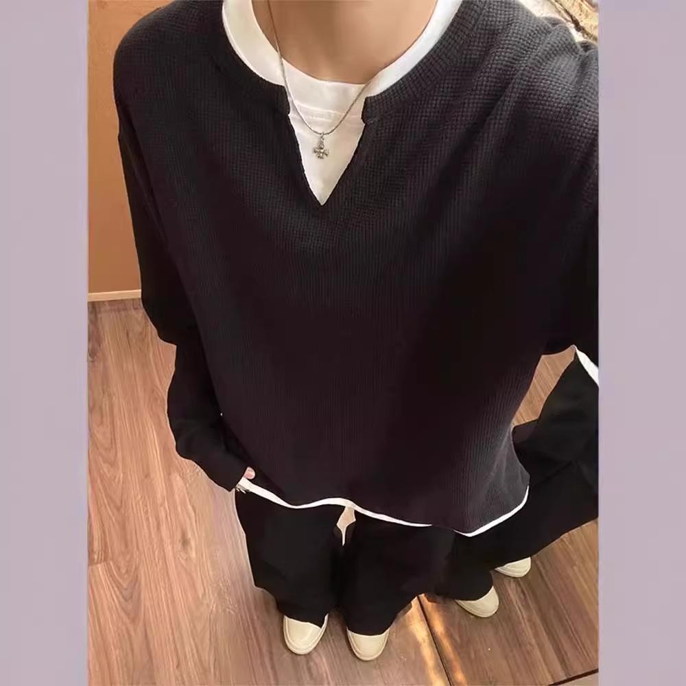 Fake Two V-neck Sweater Men's Autumn and Winter American Retro Long Sleeves