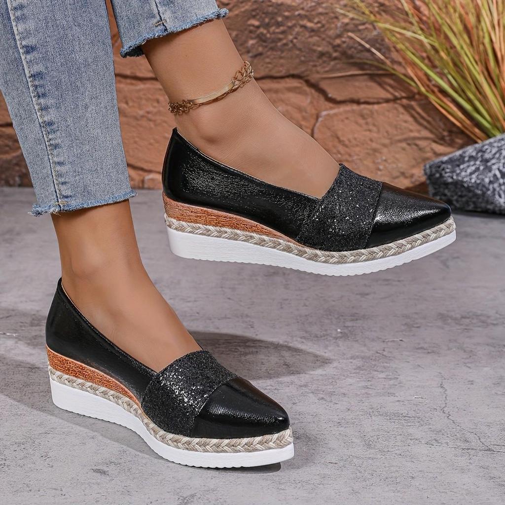 Scarpe Piatte da Donna a Zeppa Slip-On con Paillettes e Punta Acuta Taglie Forti