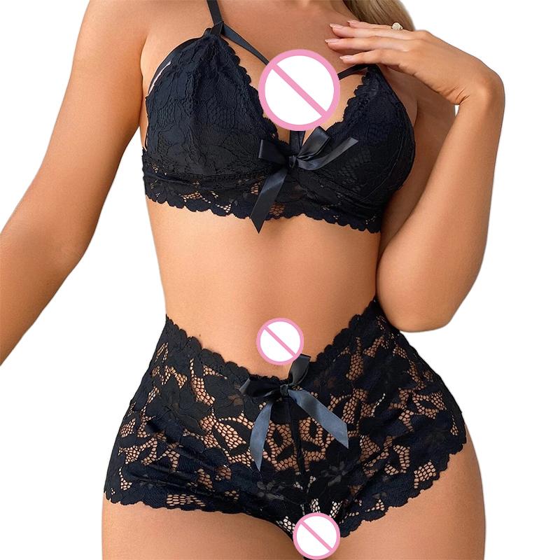 New 2Pcs/Set With Bow Ropa De Mujer Women Lingerie Women Bra Sexy Breathable Lace Two Piece Lace Bra Nightwear Sets For Female