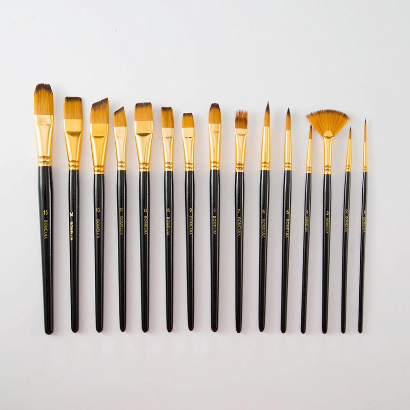 15-Piece Nylon Paintbrush Set with Black Bag for Watercolor, Oil, and Wall Painting
