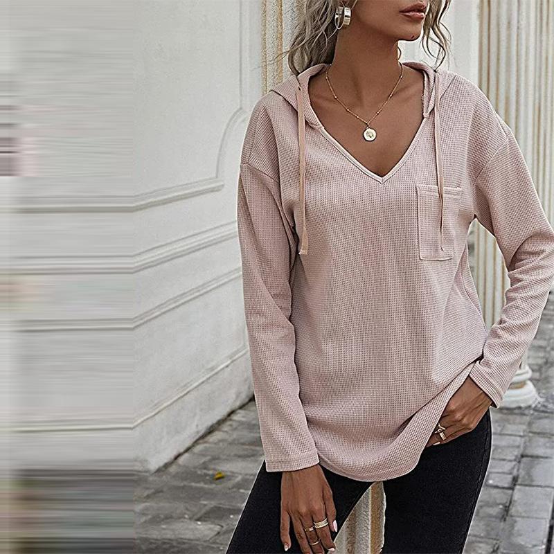 Dámské mikiny s kapucí do V s dlouhým rukávem Pulovr se stahovací šňůrkou Topy s kapsou