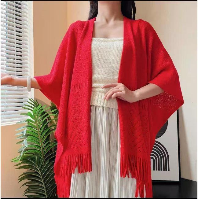 Artistic Tassel Knit Qipao Cardigan Cloak: Versatile Solid Color Shawl Women’s Coat