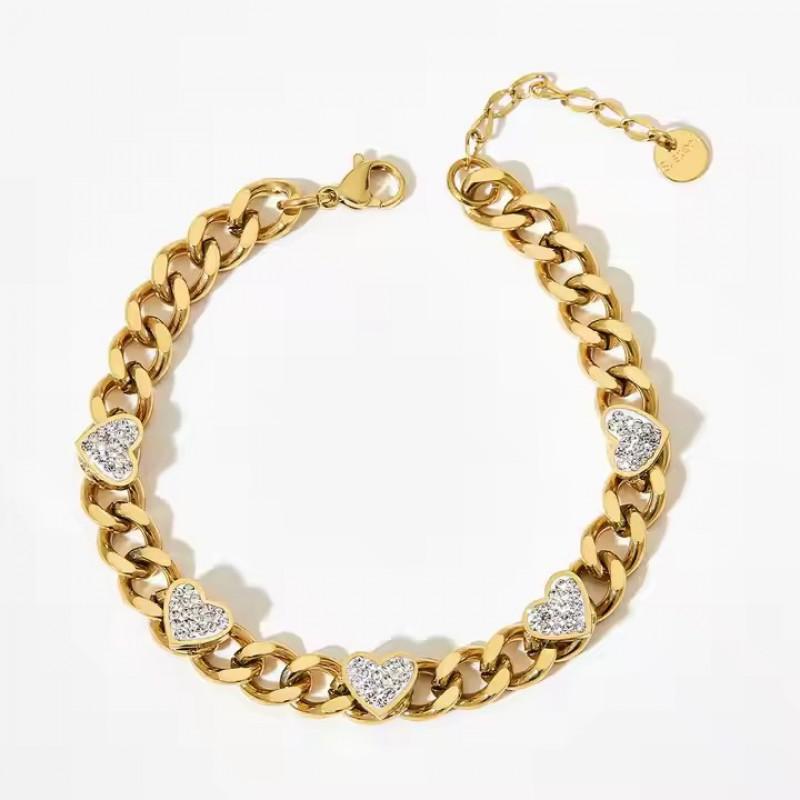 Stainless Steel Heart Shape Zircon Cuban Link Bracelet Women 18K Gold Plated Titanium Luxury Fashion Jewelry