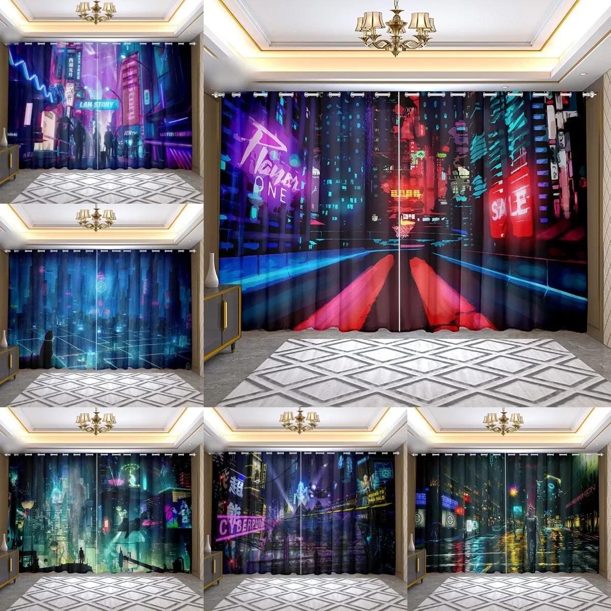 

3D 2 panel Cyberpunk Anime City View Curtains for Bedroom Living Room Floor-to-ceiling Window Kitchen Blinds cortinas Rideaux Milled cotton fabric&Rod Pocket