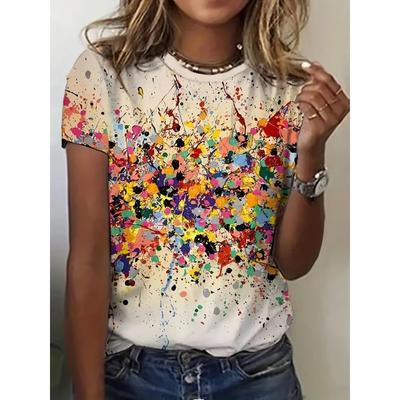 Summer Women's T Shirt Colorful Abstract Print O Neck Casual Short Sleeve Tees Female Overszied Clothing Fashion Street Pullover