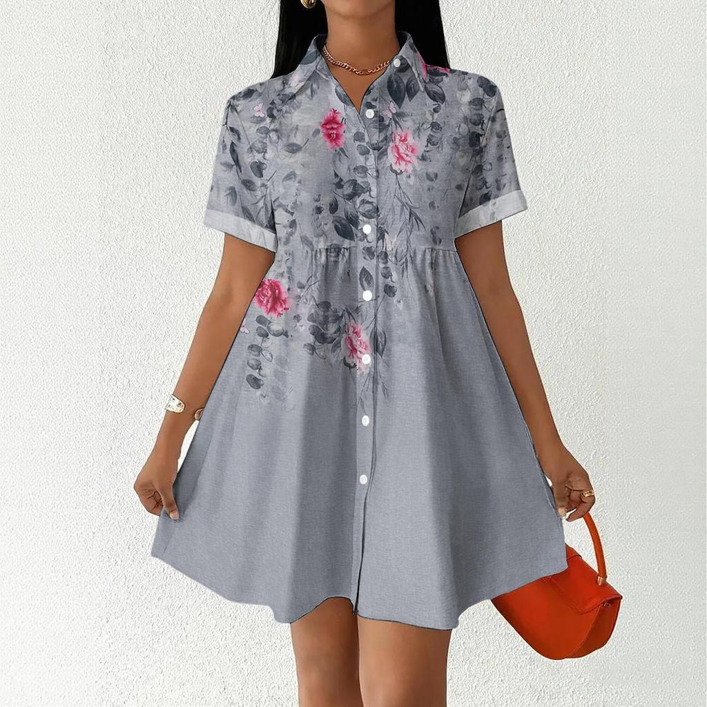 Casual Loose Fit Shirt Dress with Button Front and Stand Collar Short Sleeve Lightweight Summer Dress for Women