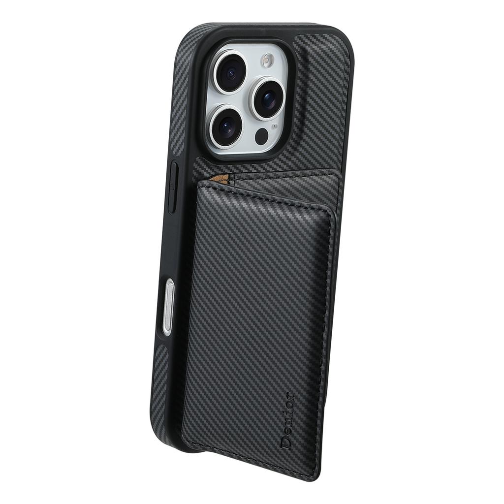 DENIOR For iPhone 16 Pro Max Magnetic Case Carbon Fiber Texture Leather Back Cover with Detachable Card Bag