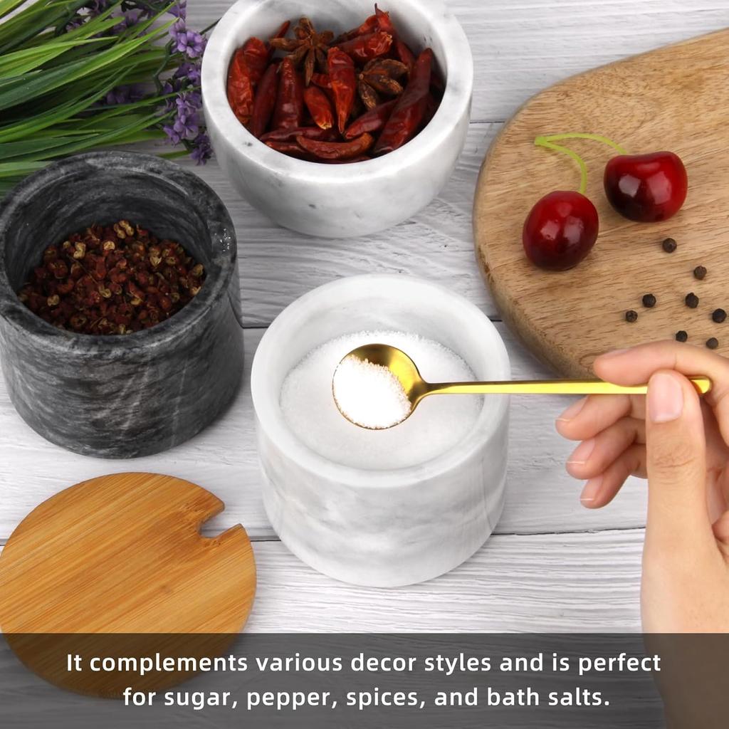 Marble Salt Cellar Box with Bamboo Lid & Metal Spoon, Modern Stone Salt or Pepper Sugar Spice Seasoning Bowl Container Jar Holder Well Keeper Dish