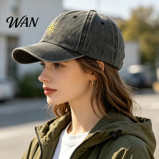 Breathable Baseball Hat Embroidery Sun Pattern Hat, Adjustable Back Buckle Retro Distressed Style Cap, Washed Cotton Fabric Outdoor Sunshade Cap Soft