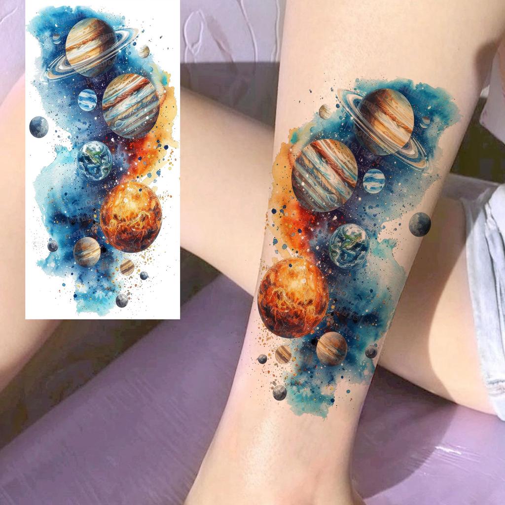 1 Sheet 3D Watercolor Universe Planets Temporary Tattoos For Men Women Long Lasting Waterproof Fake Tattoo Sticker Body Arm Art