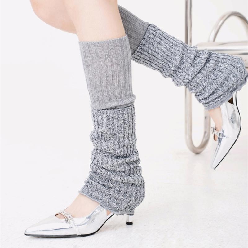 Womens Vintage Ribbed Knit Stretch Long Leg Warmer Party Dance Glitter Sequins Patchwork Solid Boot Socks Leg Cover