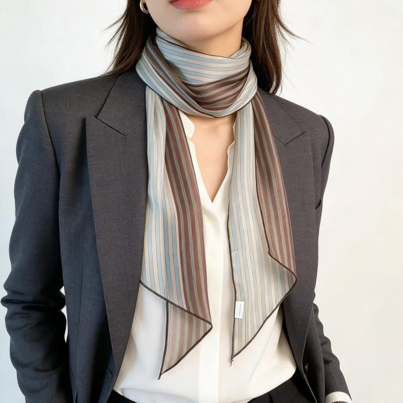 Women Silk Scarf Vintage Elegant Striped Double Sided Print Neck Wrap for Professional Occasions