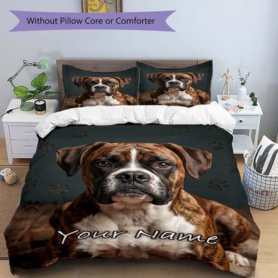 3PC Custom Name Boxer Dog Portrait Bedding Set Duvet Cover Closure Includes 1 Duvet Cover & 2 Pillowcases for Bedroom