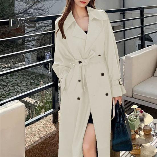 Dámský dvouřadý dlouhý trenčkot, větruodolný, štíhlý kabát s klopou a páskem, větrovka, jaro/podzim