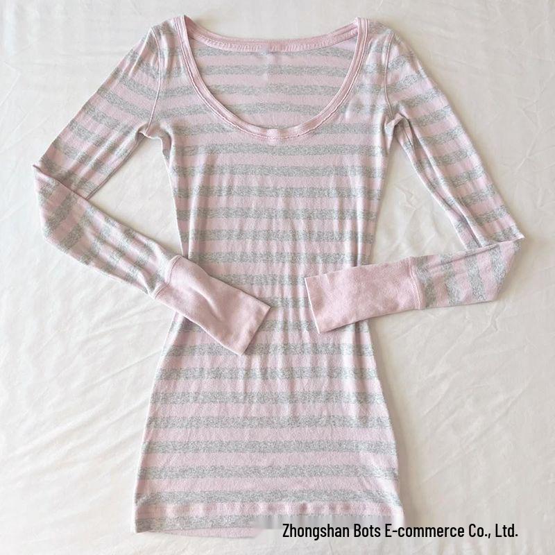 

Y2K Slim Fit Comfy Striped Pink & Gray Long Sleeve T-Shirt Medium рожевий