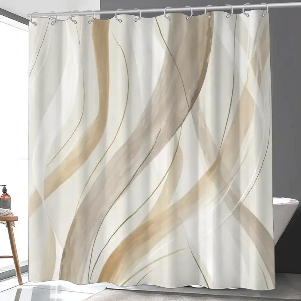 Tonnika Chen Beige/Cream Abstract Wave Shower Curtain And Artistic Design Waterproof Bath Curtain Modern Minimalist Bathroom Decor