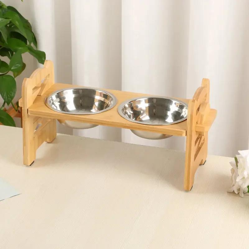 Wall-mounted Pet Double Bowl High Stainless Steel Ceramic Cat Water Dispenser Feeder Dog Bowl Adjustable Height Cat Food Basin