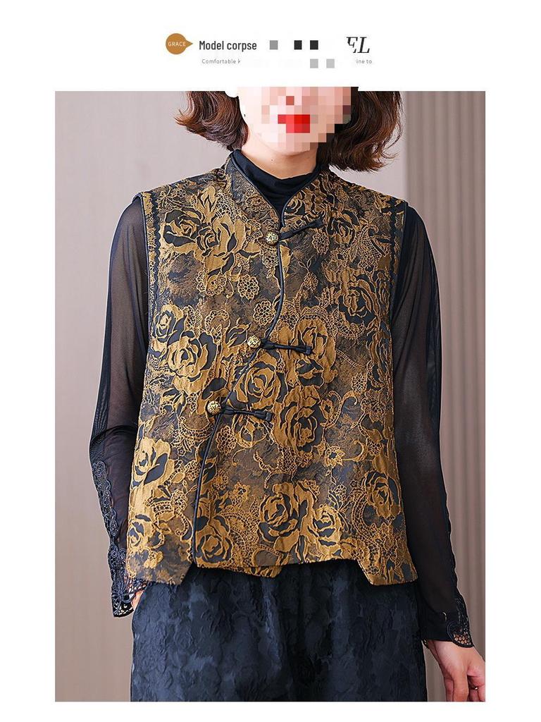 Dame Høst/Vinter Forbedret Tangdrakt Vattert Vest med Ståkrage - Kinesisk Nasjonalstil Jacquard Yttertøy.