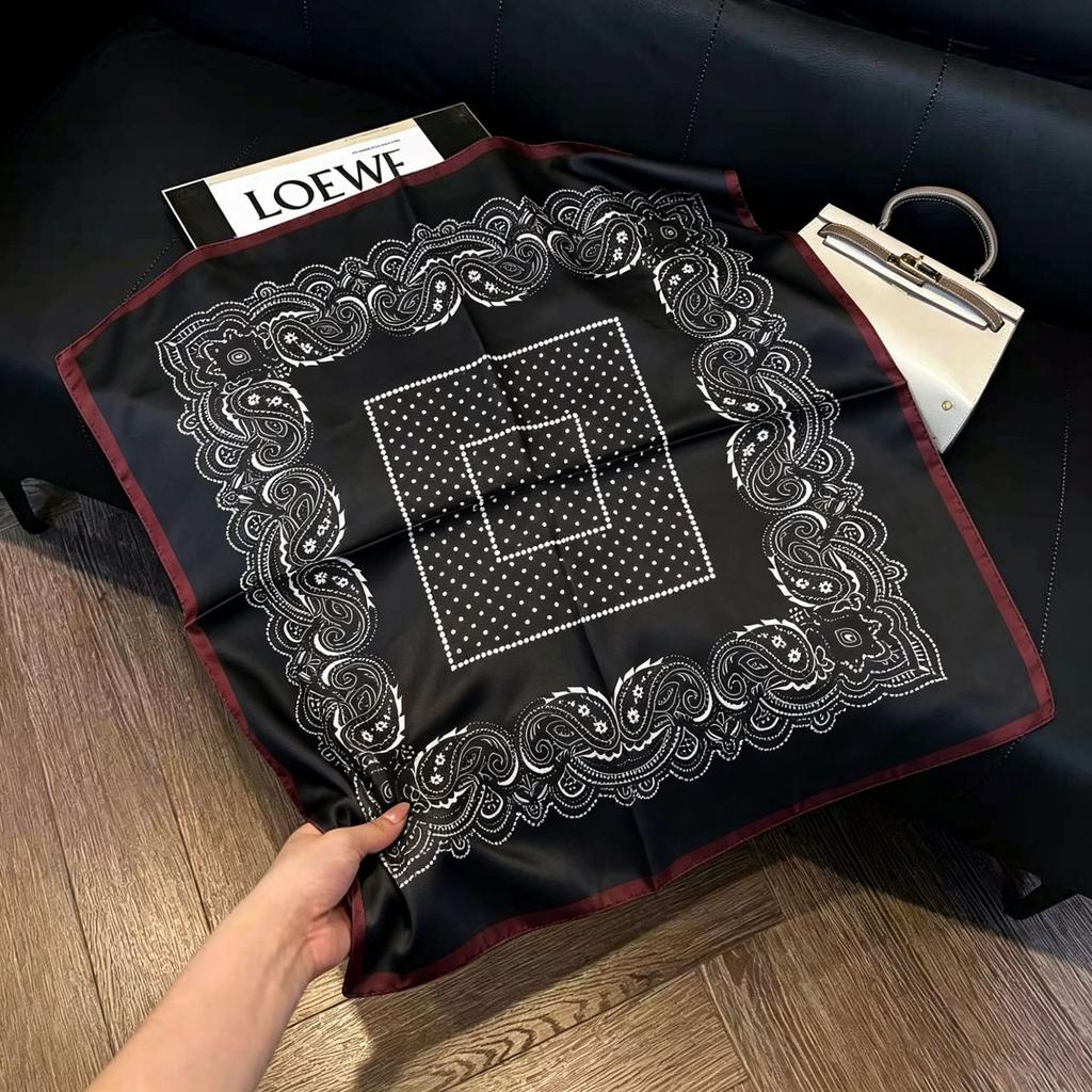 71Cm New Chinese Simulation Silk Square Scarf Soft and Skin-friendly Ink Flower Rhyme Printing Silk Scarf Neck Sunscreen Small Scarf