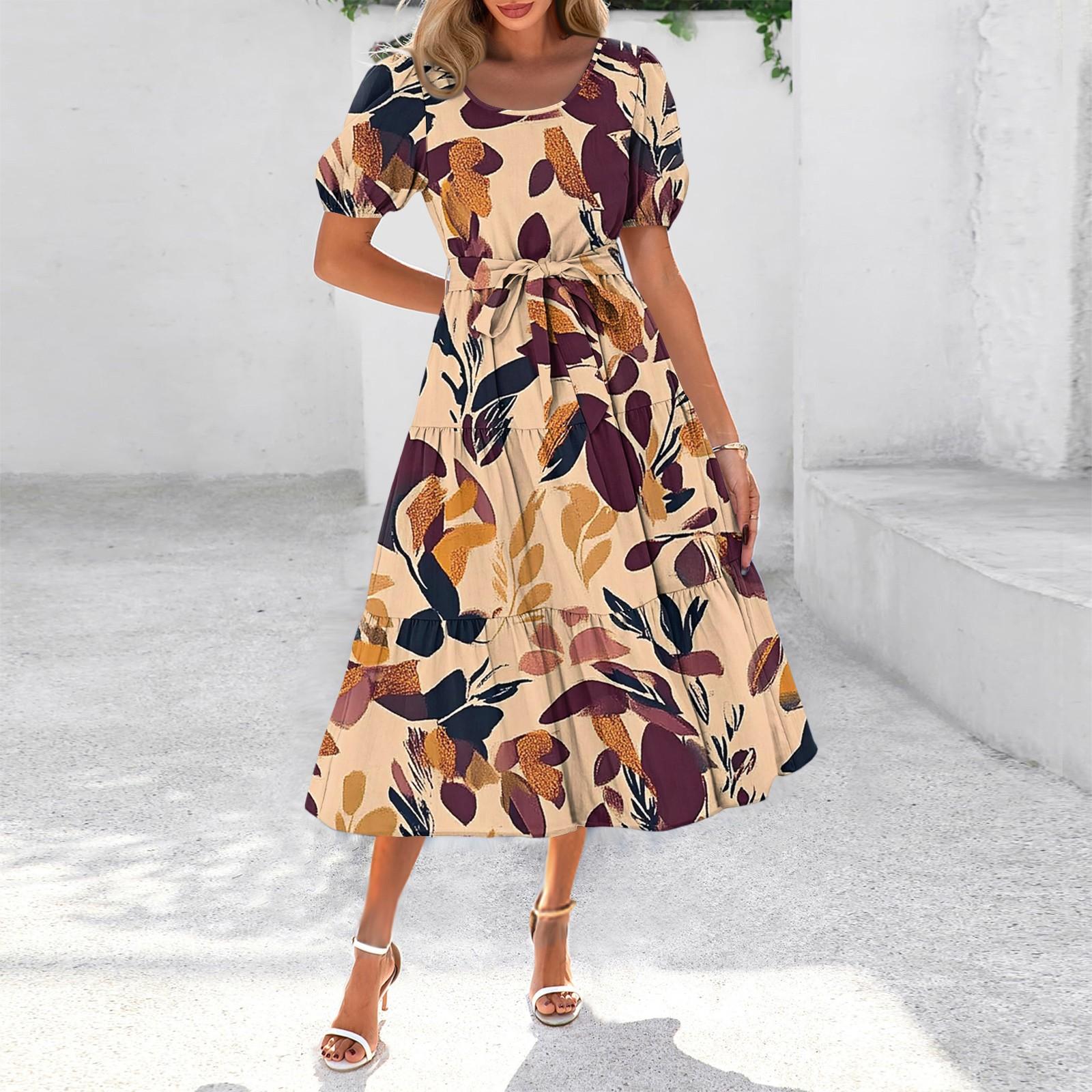 

Women s Summer Short Sleeve Round Neck Waistband Bohemian Flowy Maxi Dress With Pockets XL