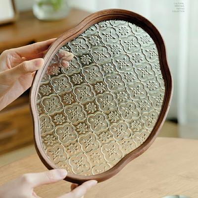 IwaiLoft [Chinoiserie Retro] Floral Glass Tray, Cloud-Shaped, Oval, Floral Design, 29cm35cm, Transparent, Glass Plate, Wooden, Cafe Tray, Tea Tray,